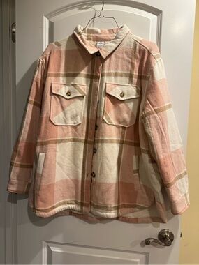 Unbranded Pink & Cream Plaid Utility Shacket with Front Pockets